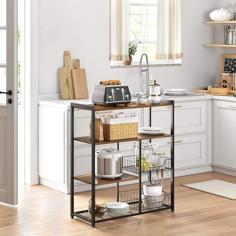 Baker’s Rack with 2 Metal Mesh Baskets Shelves and Hooks 80 x 35 x 95 cm Industrial Style Rustic Brown - Furniture >