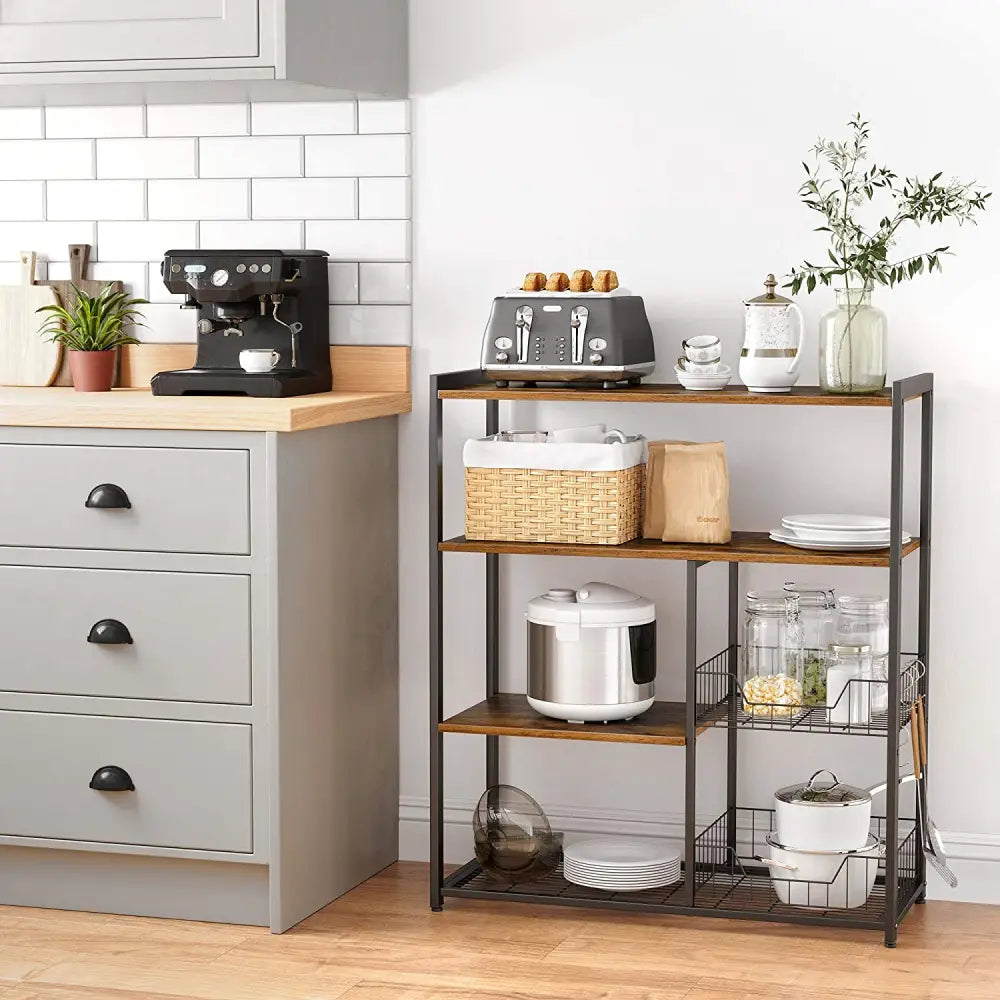 Baker’s Rack with 2 Metal Mesh Baskets Shelves and Hooks 80 x 35 x 95 cm Industrial Style Rustic Brown - Furniture >