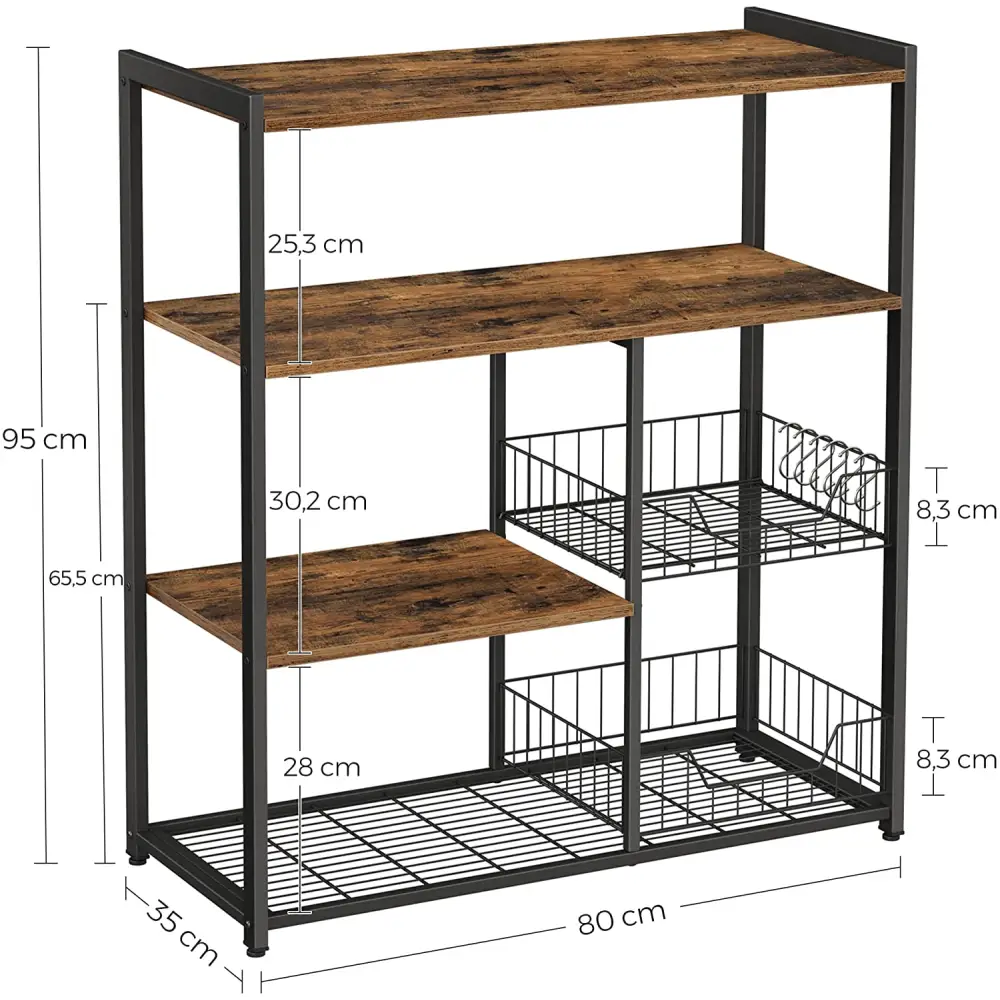 Baker’s Rack with 2 Metal Mesh Baskets Shelves and Hooks 80 x 35 x 95 cm Industrial Style Rustic Brown - Furniture >