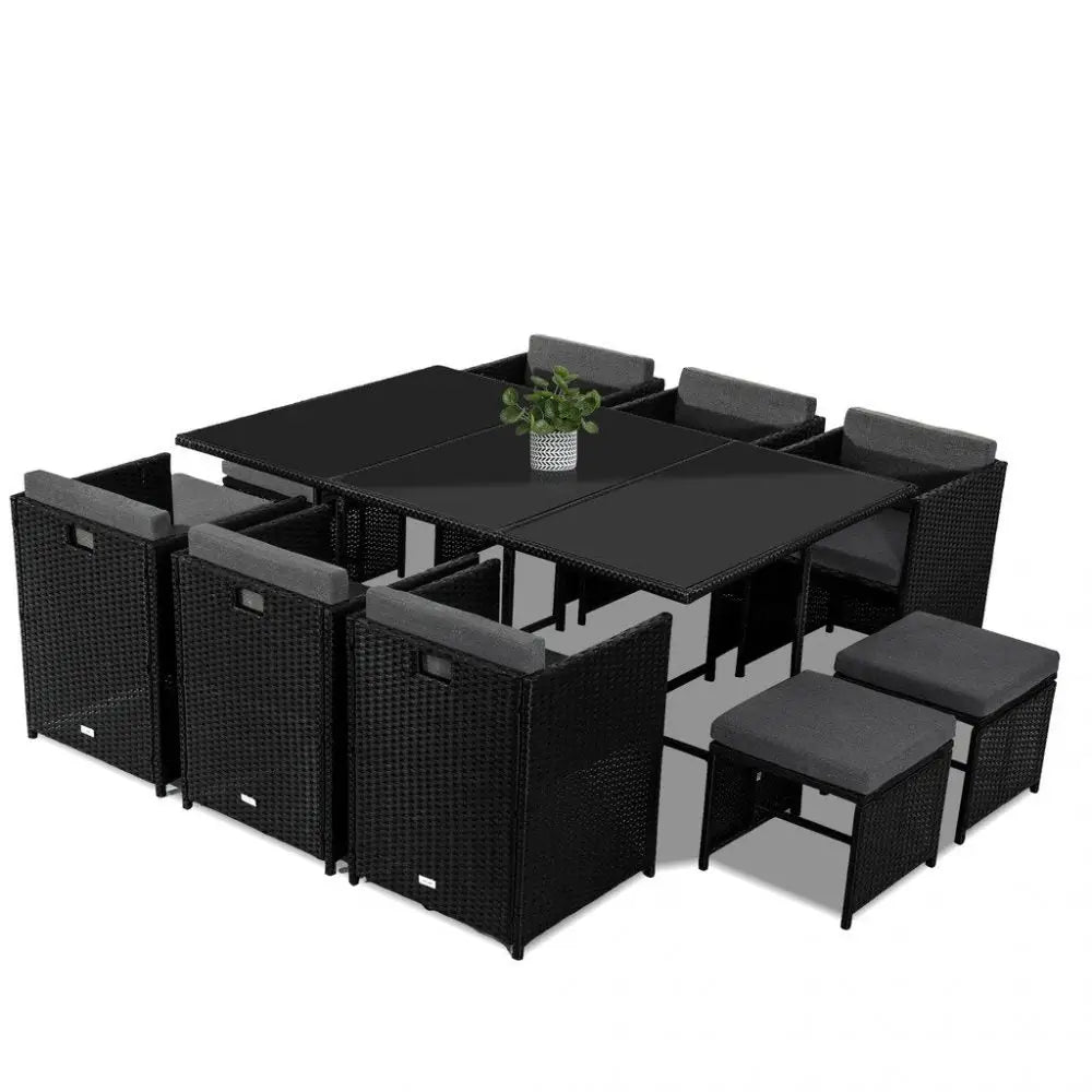 Bali 11 Piece Outdoor Dining Set-Black - Furniture > Outdoor