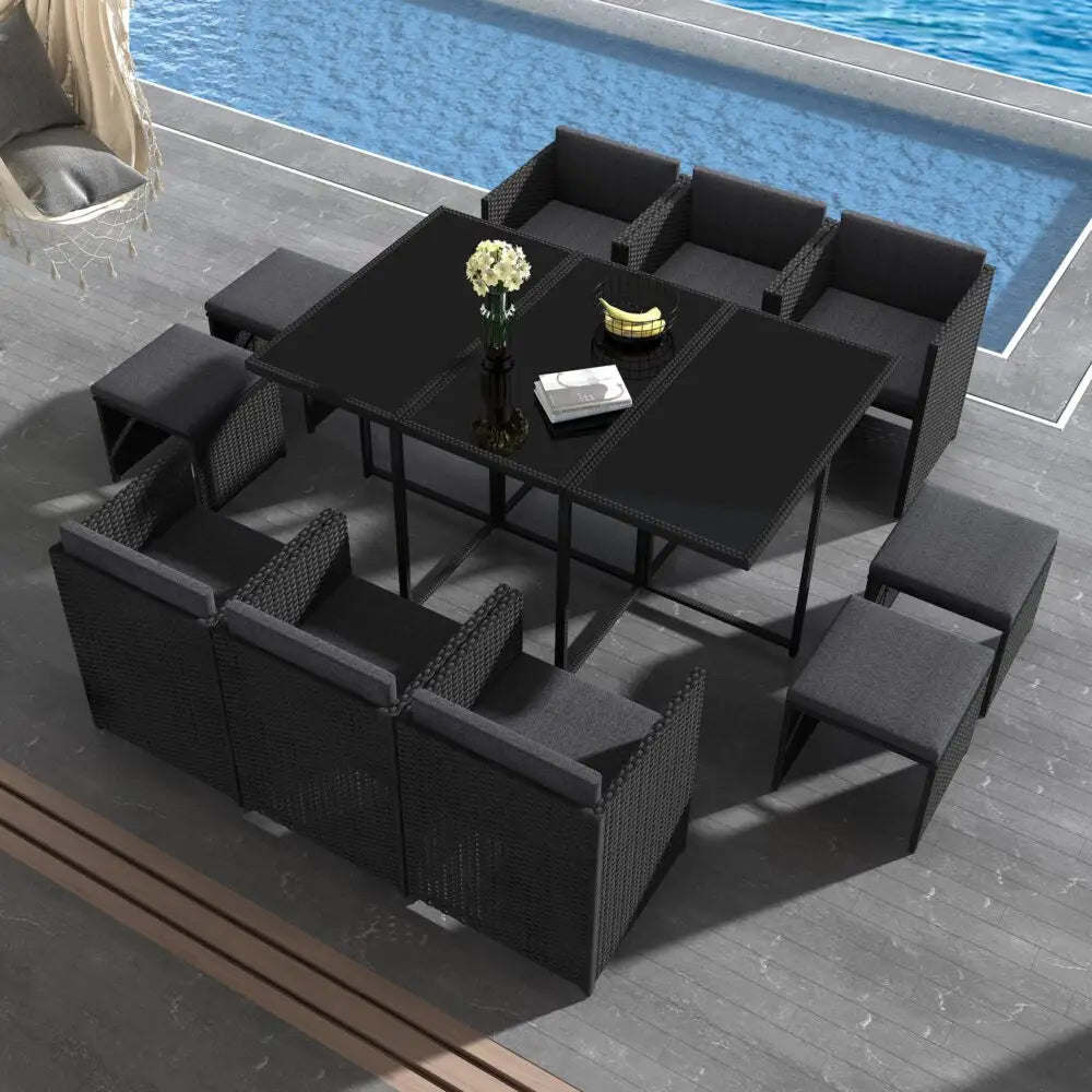 Bali 11 Piece Outdoor Dining Set-Black - Furniture > Outdoor