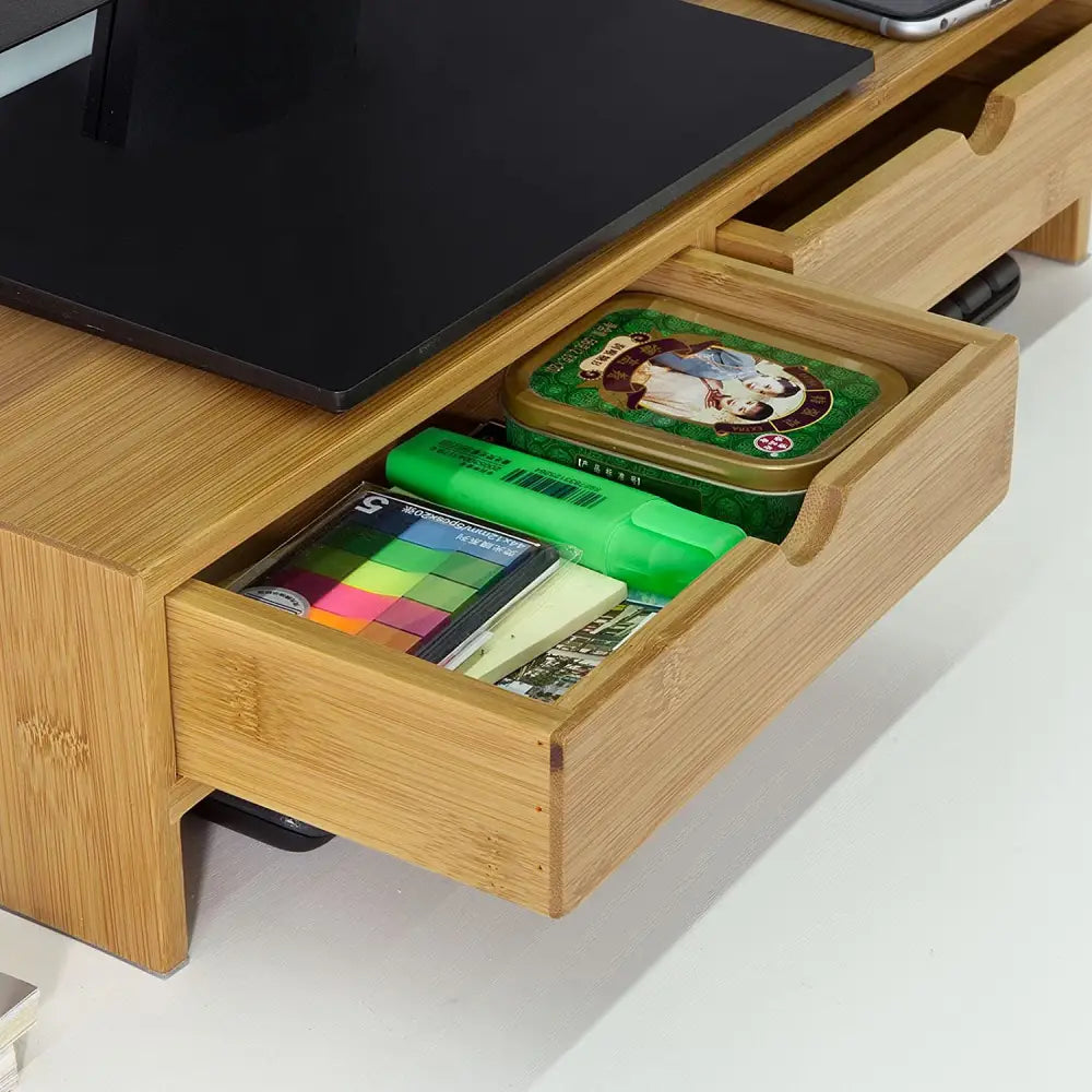 Bamboo Monitor Stand Desk Organizer with 2 Drawers - Furniture > Living Room