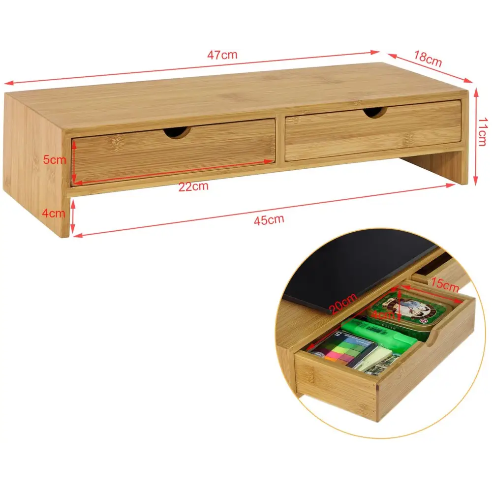 Bamboo Monitor Stand Desk Organizer with 2 Drawers - Furniture > Living Room