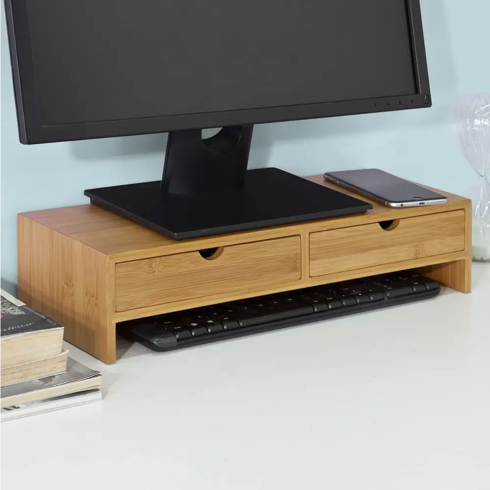 Bamboo Monitor Stand Desk Organizer with 2 Drawers - Furniture > Living Room