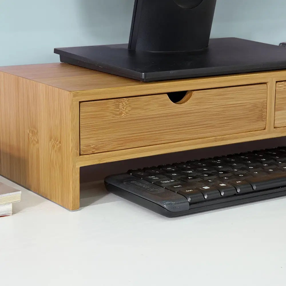 Bamboo Monitor Stand Desk Organizer with 2 Drawers - Furniture > Living Room