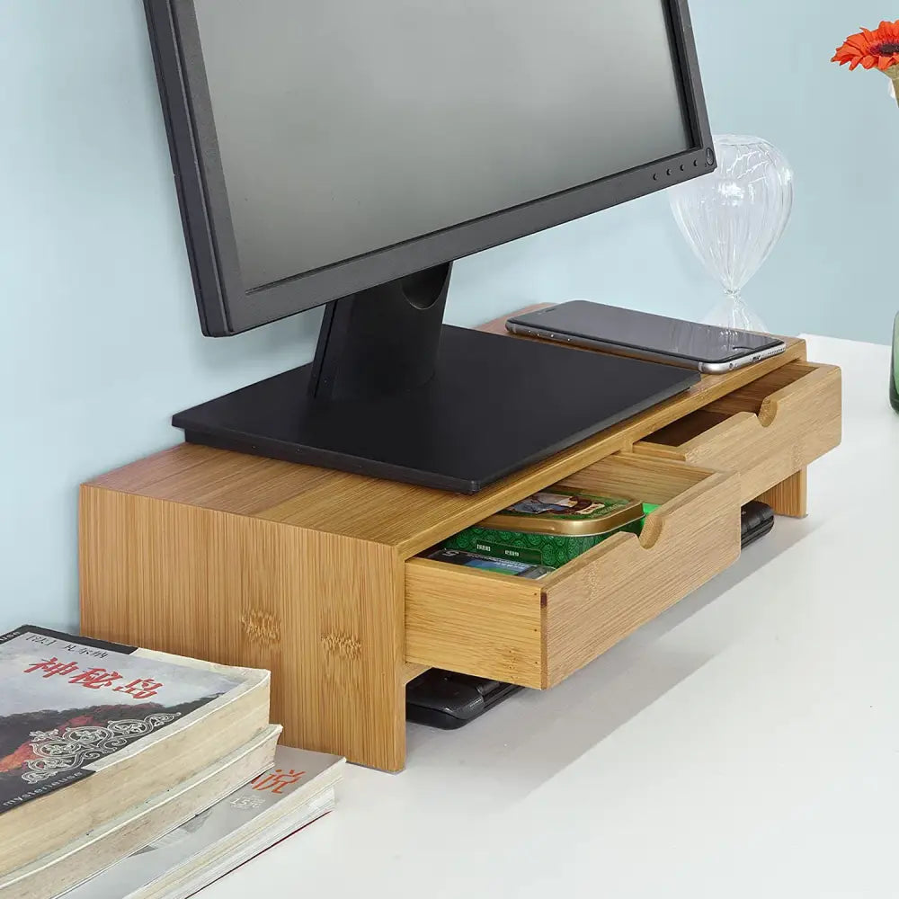 Bamboo Monitor Stand Desk Organizer with 2 Drawers - Furniture > Living Room