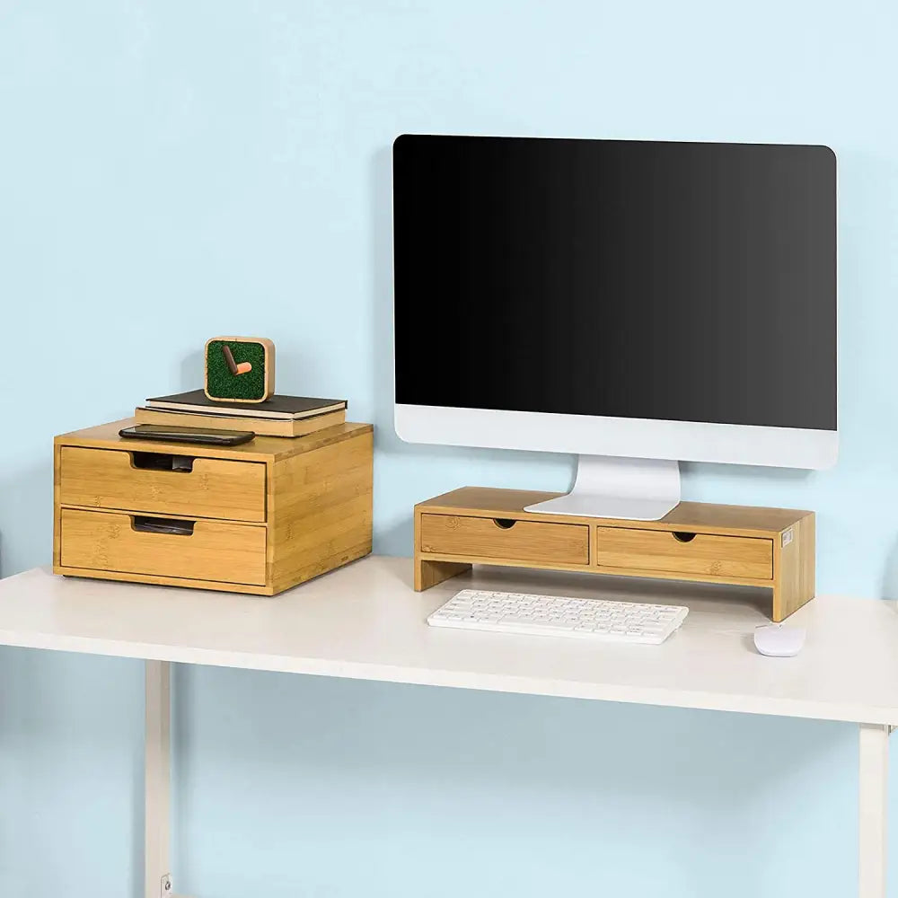 Bamboo Monitor Stand Desk Organizer with 2 Drawers - Furniture > Living Room