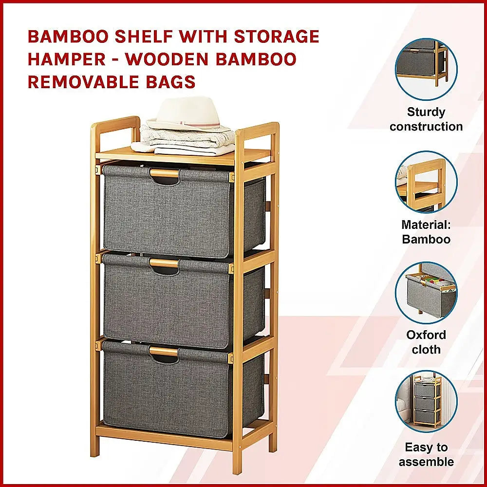 Bamboo Shelf with Storage Hamper - Wooden Bamboo Removable Bags - Furniture > Office