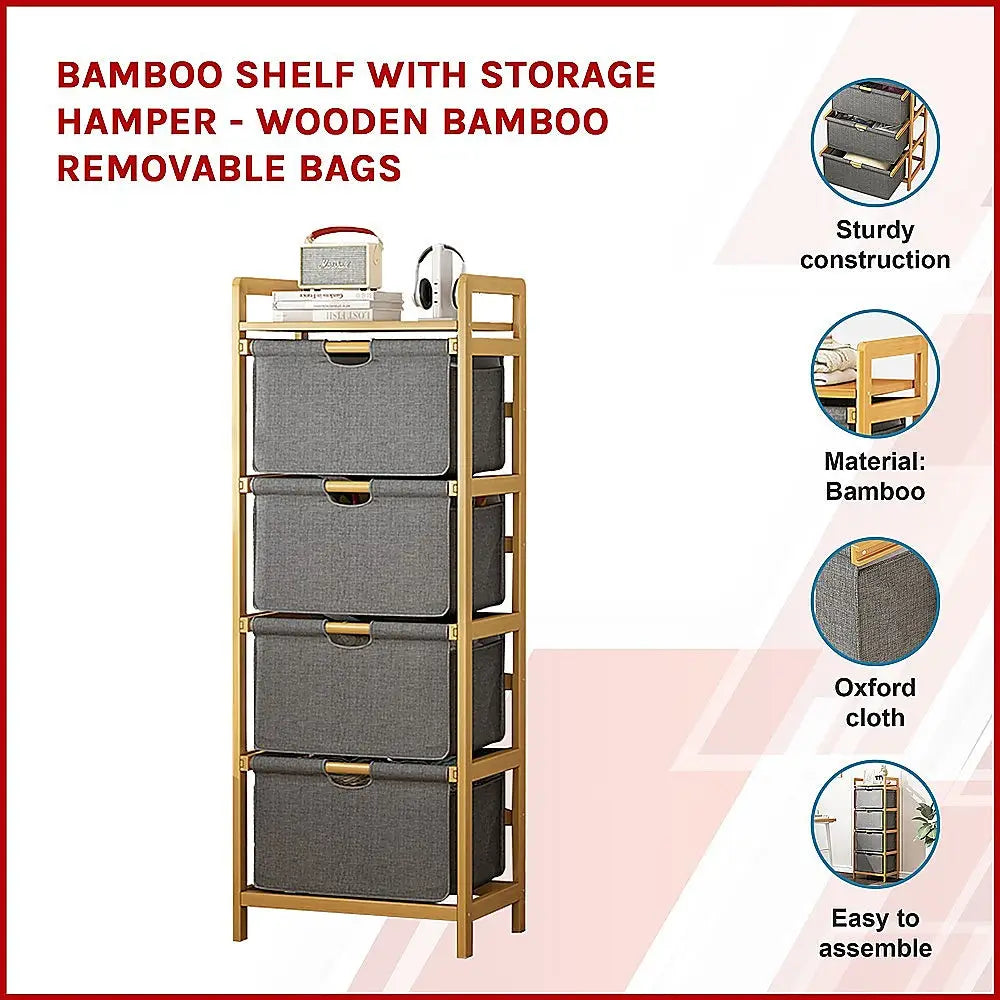 Bamboo Shelf with Storage Hamper - Wooden Bamboo Removable Bags - Furniture > Office