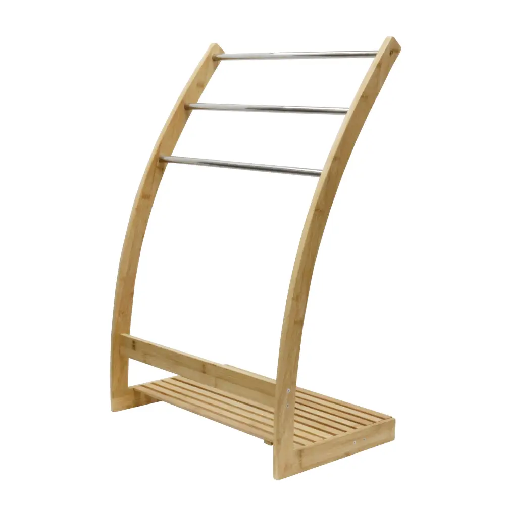 Bamboo Towel Bar Metal Holder Rack 3-Tier Freestanding and Bottom shelf for Bathroom - Furniture > Bathroom