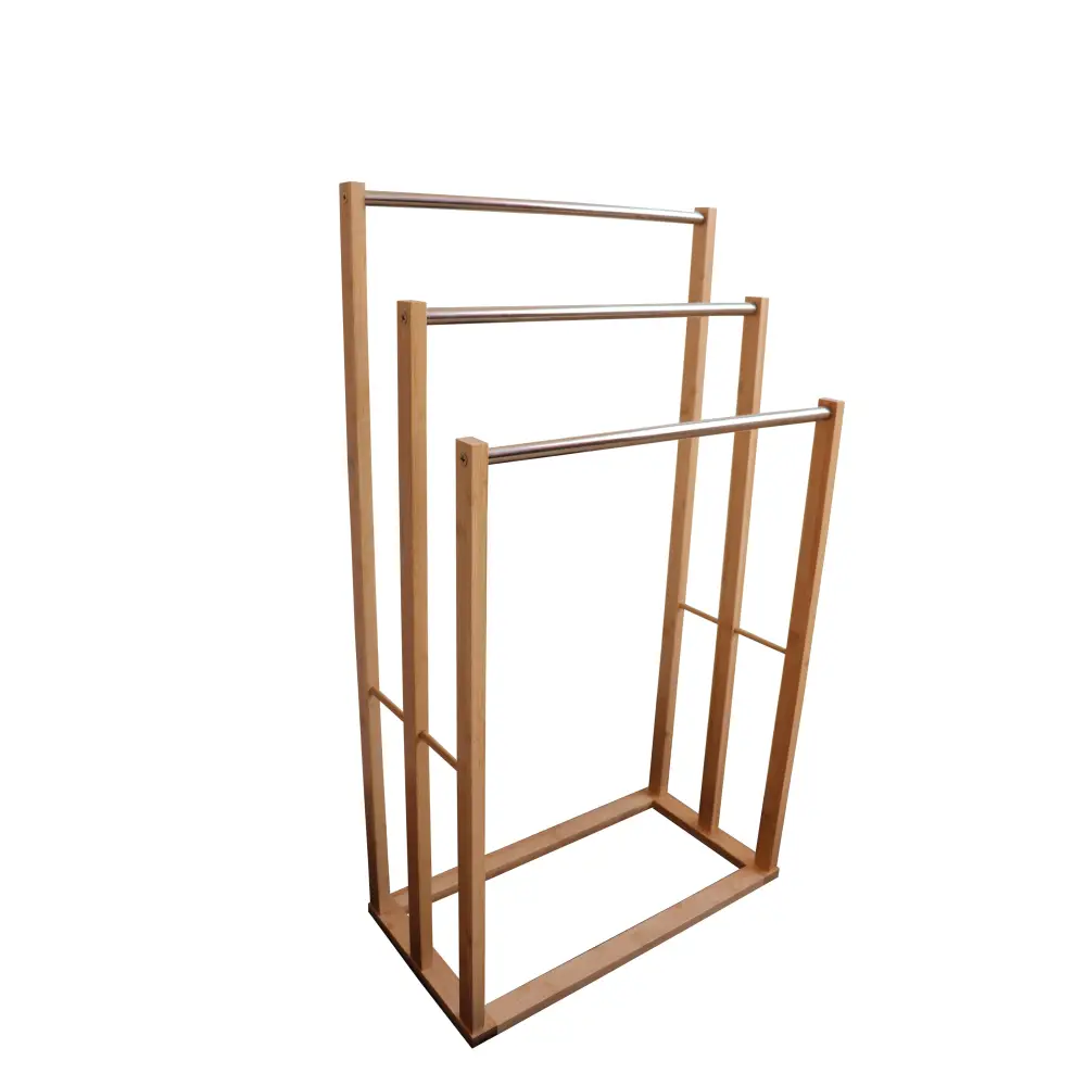 Bamboo Towel Bar Metal Holder Rack 3-Tier Freestanding for Bathroom and Bedroom - Furniture > Bathroom