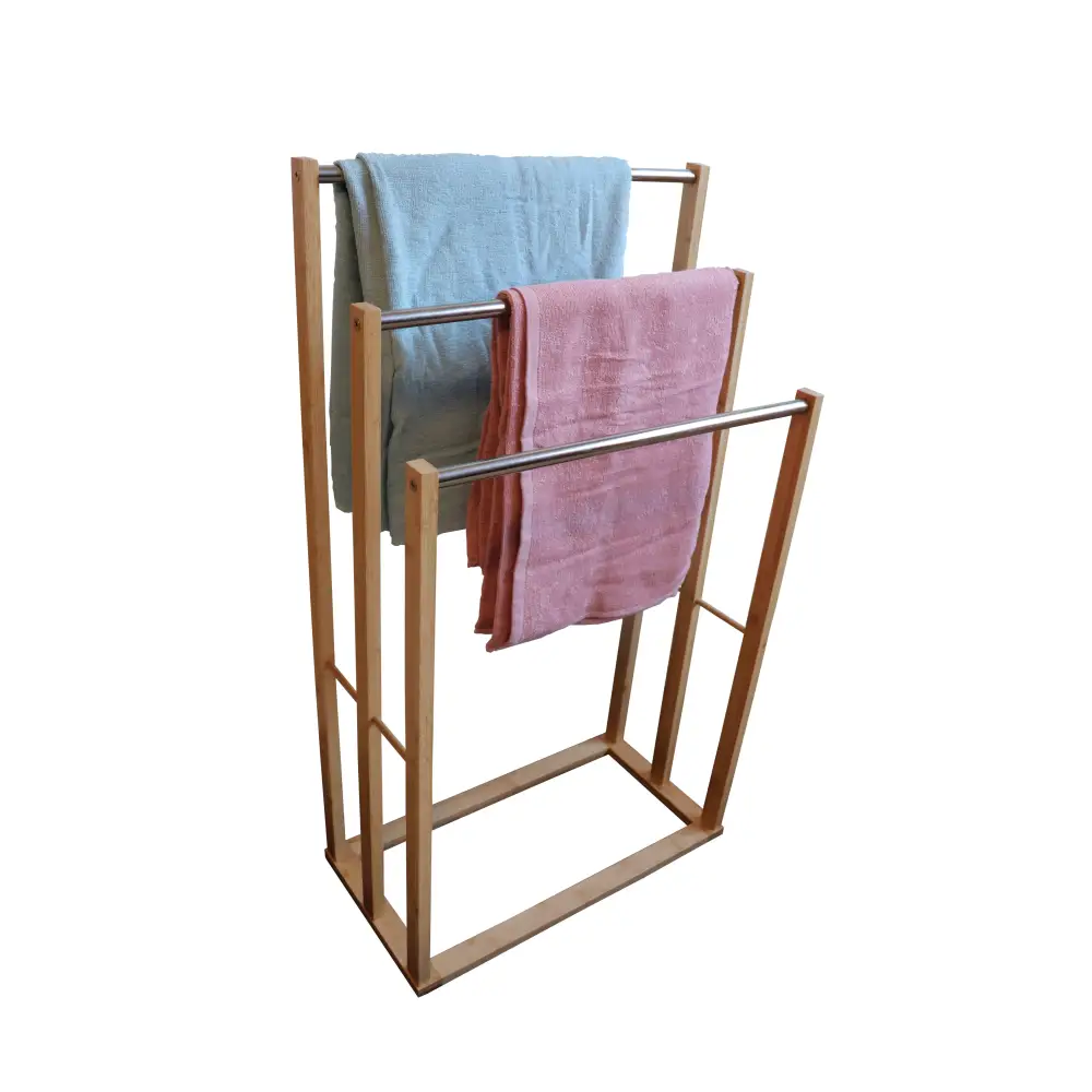 Bamboo Towel Bar Metal Holder Rack 3-Tier Freestanding for Bathroom and Bedroom - Furniture > Bathroom