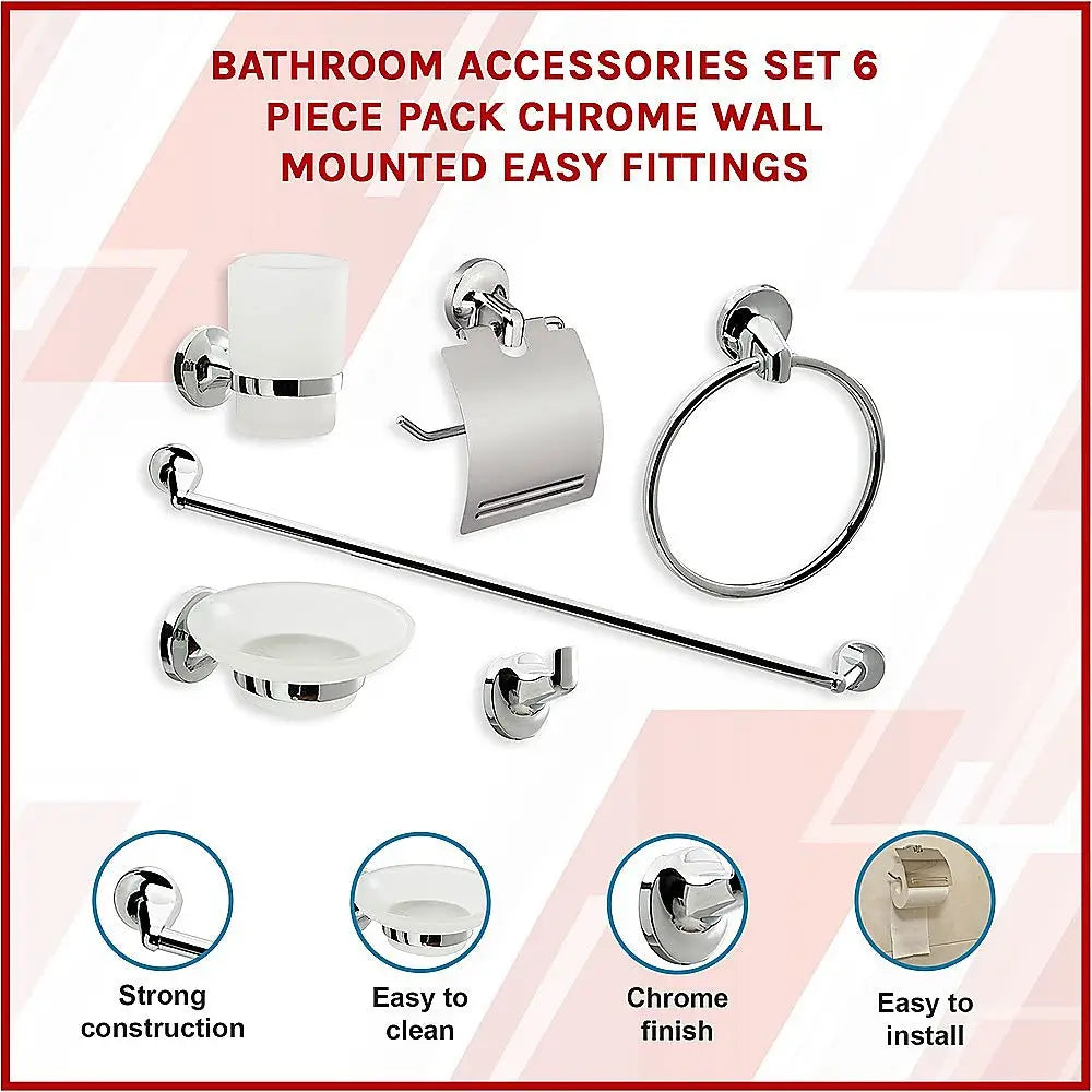 Bathroom Accessories Set 6 Piece Pack Chrome Wall Mounted Easy Fittings - Home & Garden > DIY > Kitchen & Bathroom DIY