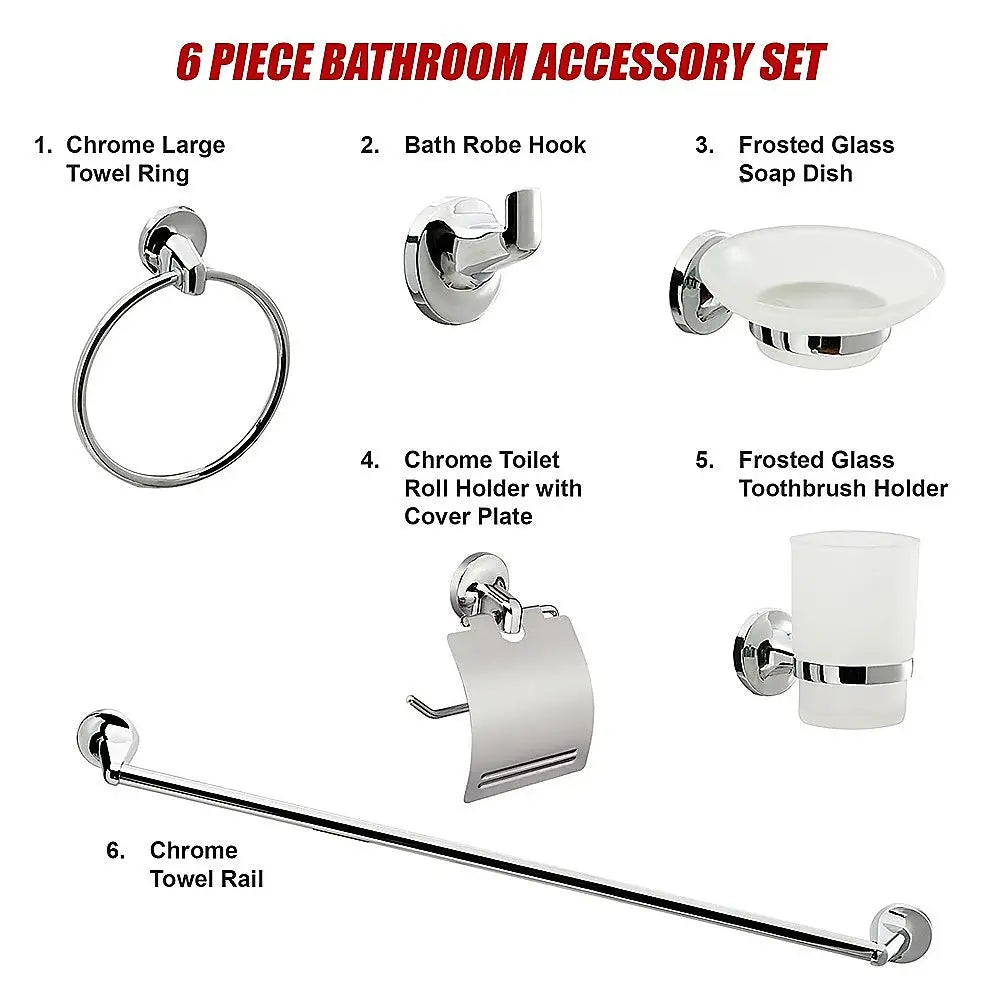 Bathroom Accessories Set 6 Piece Pack Chrome Wall Mounted Easy Fittings - Home & Garden > DIY > Kitchen & Bathroom DIY