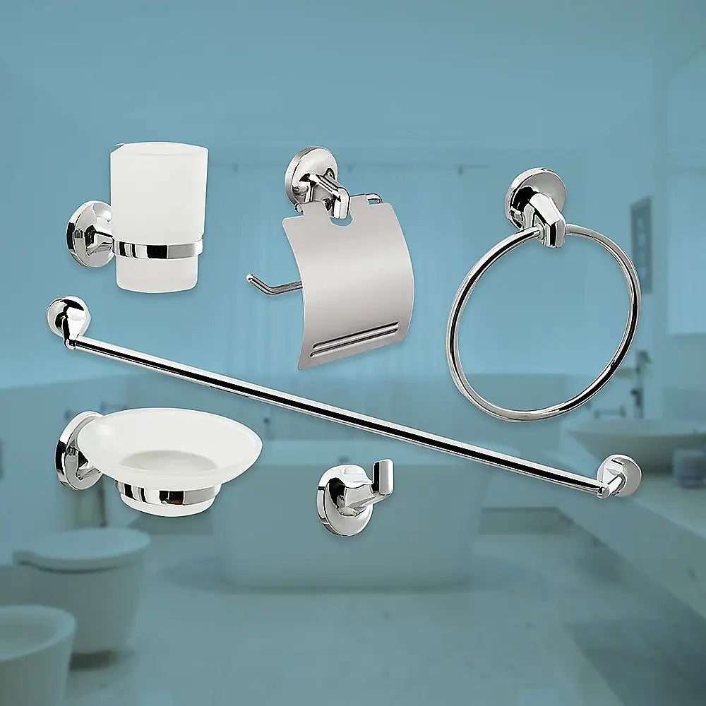 Bathroom Accessories Set 6 Piece Pack Chrome Wall Mounted Easy Fittings - Home & Garden > DIY > Kitchen & Bathroom DIY