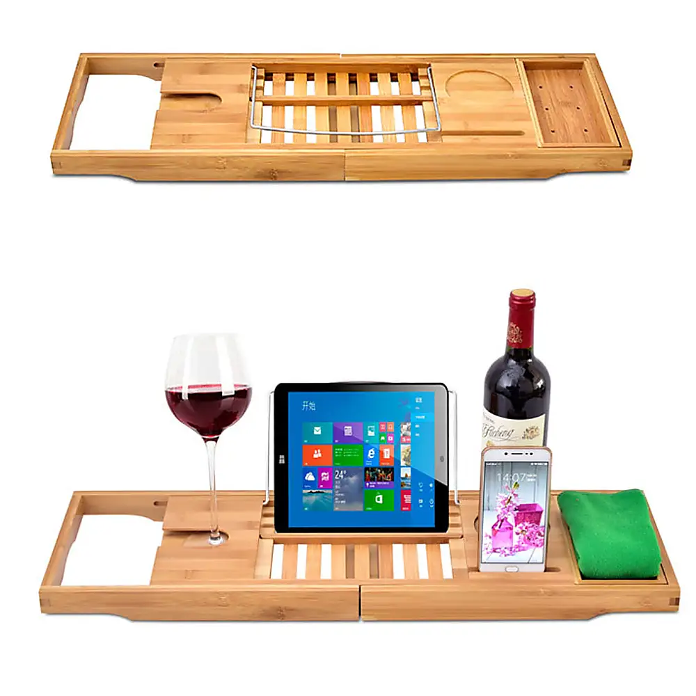 Bathroom Bamboo Bath Caddy Wine Glass Holder Table Tray Bathtub Rack Soap Shelf - Home & Garden > Bathroom Accessories
