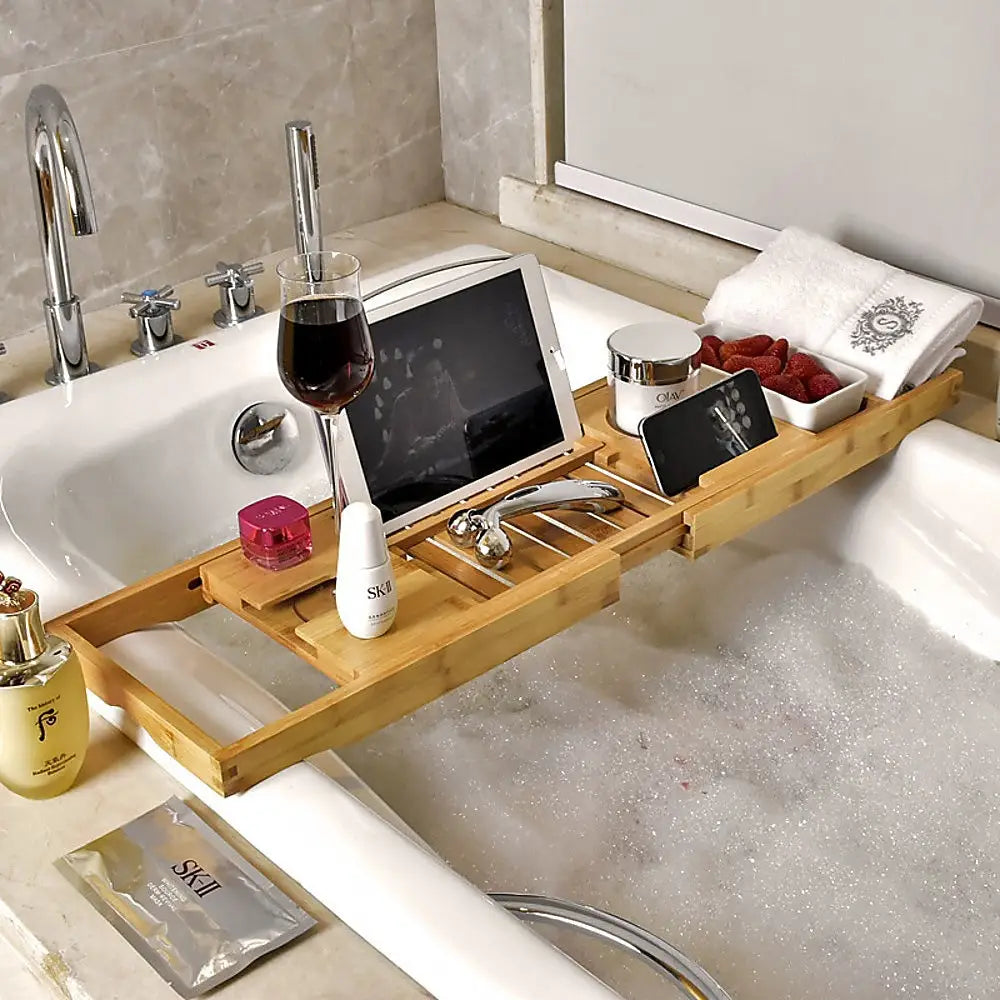 Bathroom Bamboo Bath Caddy Wine Glass Holder Table Tray Bathtub Rack Soap Shelf - Home & Garden > Bathroom Accessories