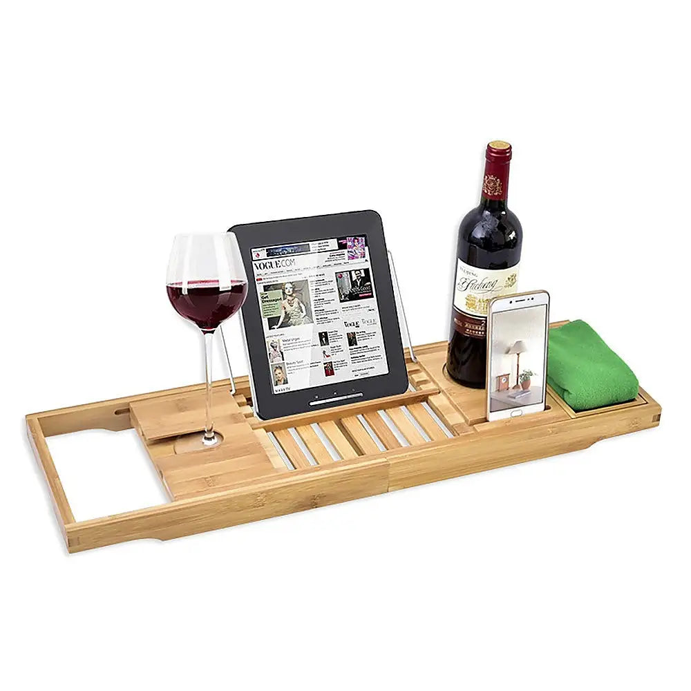 Bathroom Bamboo Bath Caddy Wine Glass Holder Table Tray Bathtub Rack Soap Shelf - Home & Garden > Bathroom Accessories