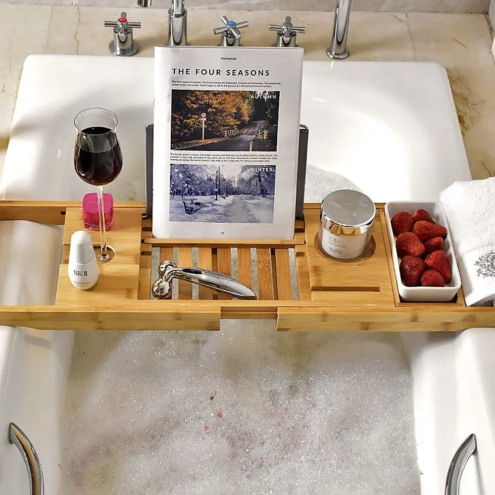 Bathroom Bamboo Bath Caddy Wine Glass Holder Table Tray Bathtub Rack Soap Shelf - Home & Garden > Bathroom Accessories
