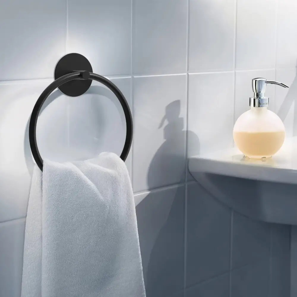 Bathroom Towel Ring Bathroom Towel Rack Adhesive Hand Towels Holder Towel Hanger Round Black - Home & Garden > Bathroom