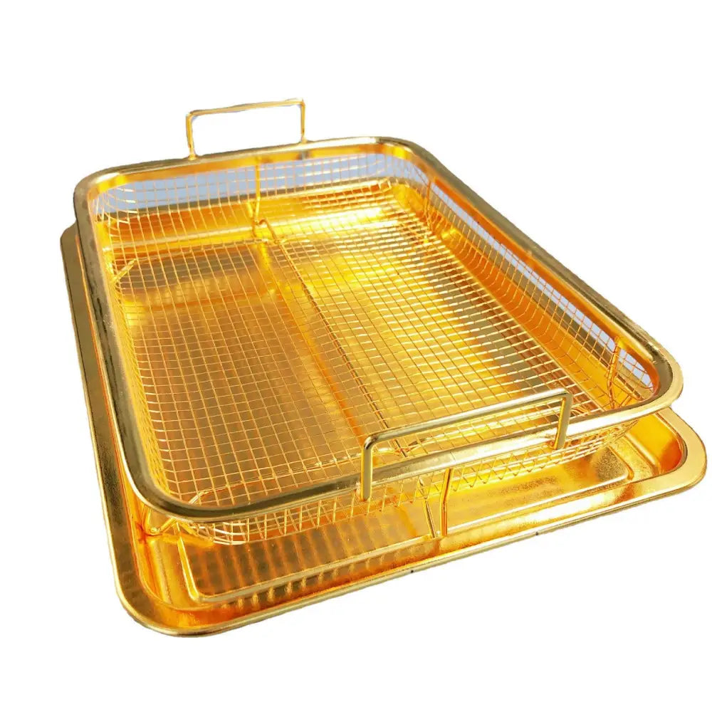 BBQ Square Non-Stick Stainless Steel Grill Basket - Gold Color Small Size (30*22*5.5 cm) Ideal for Grilling Meat