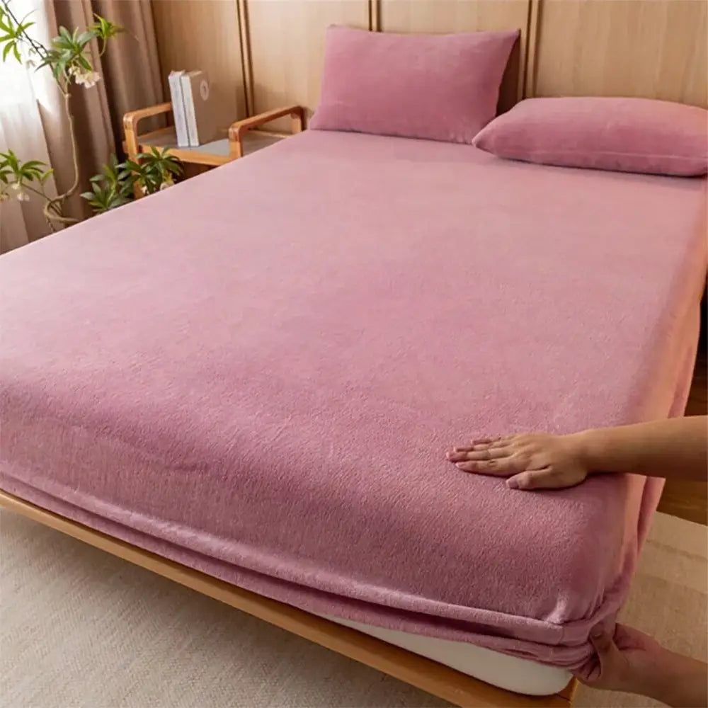 Bean paste color Plush Crystal Velvet Fitted Sheet - Ultra Soft Warm & Thick for Winter (138x190 + 36cm) - Furniture >
