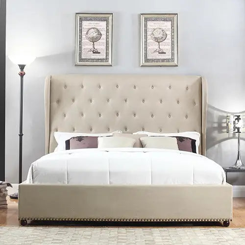 Bed Frame Queen Size in Beige Fabric Upholstered French Provincial High Bedhead - Furniture > Bedroom > Beds & Bed