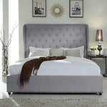 Bed Frame Queen Size in Grey Fabric Upholstered French Provincial High Bedhead - Furniture > Bedroom > Beds & Bed Frames