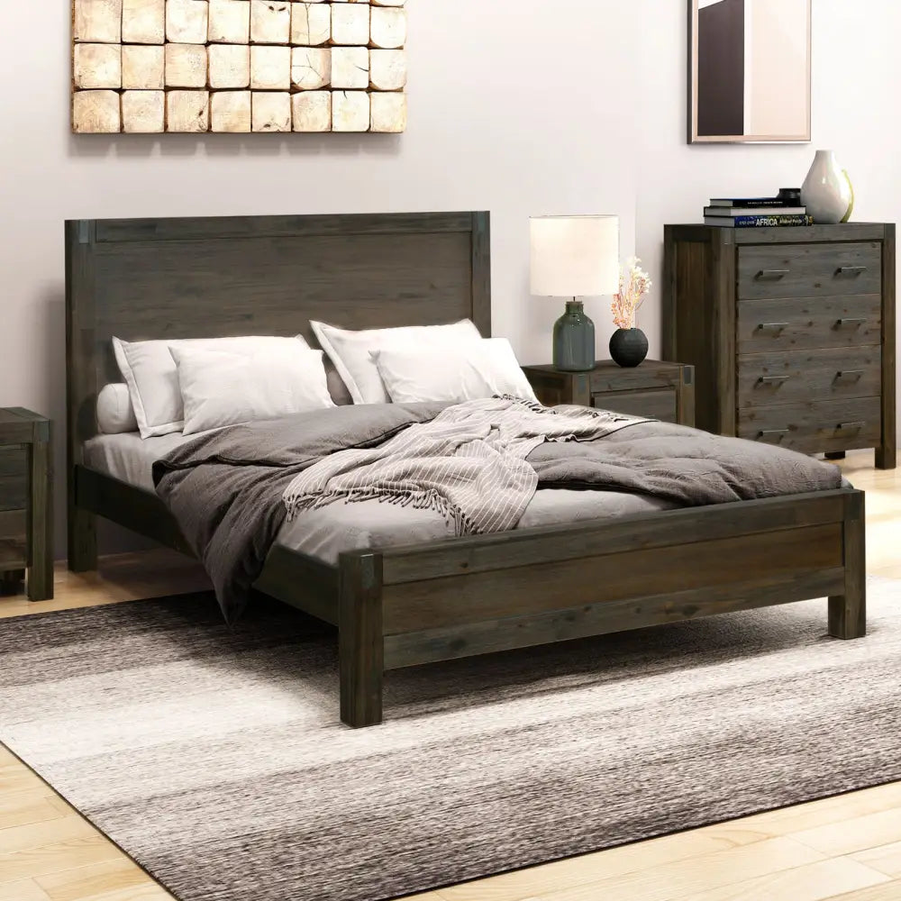 Bed Frame Queen Size in Solid Wood Veneered Acacia Bedroom Timber Slat in Chocolate - Furniture > Bedroom