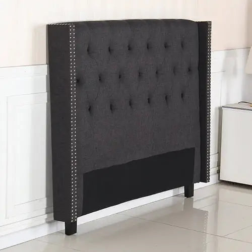 Bed Head Queen Charcoal Headboard Upholstery Fabric Studded Buttons - Furniture > Bedroom > Headboards