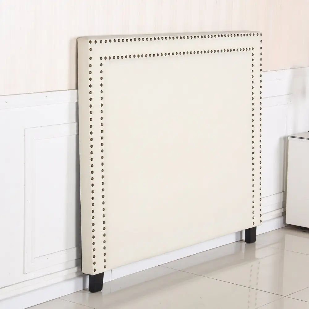 Bed Head Queen White Headboard Upholstery Fabric Studded Buttons - Furniture > Bedroom > Headboards