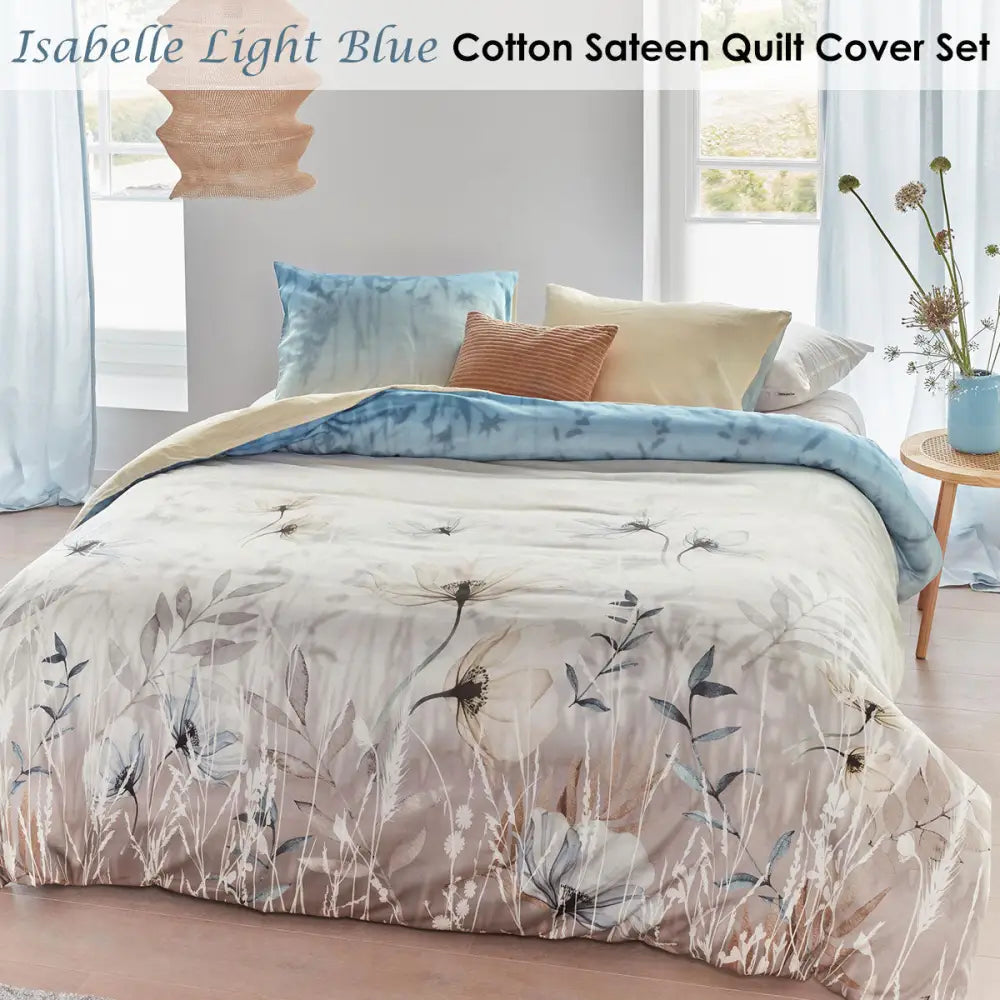 Bedding House Isabelle Light Blue Cotton Sateen Quilt Cover Set Queen - Home & Garden > Bedding