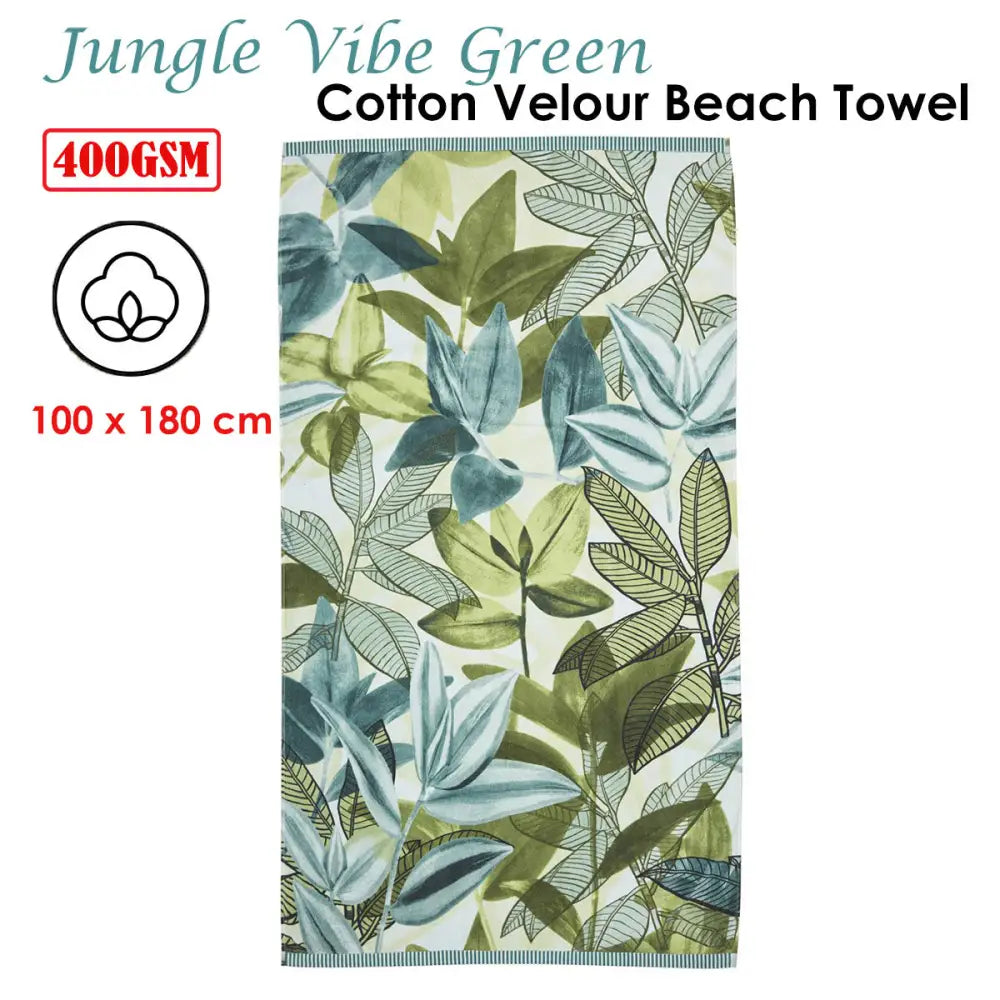 Bedding House Jungle Vibe Green Cotton Velour Beach Towel - Home & Garden > Bedding