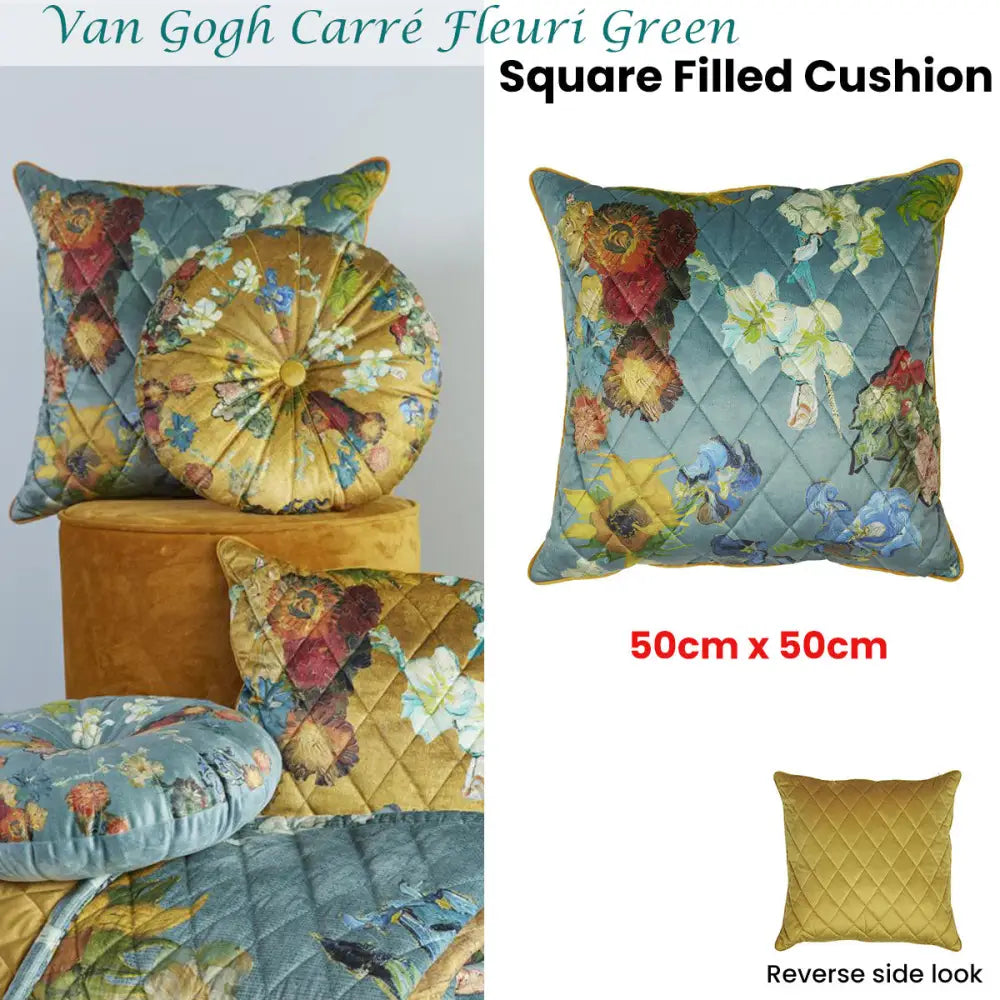 Bedding House Van Gogh Carre Fleuri Green Square Filled Cushion 50cm x 50cm - Home & Garden > Decor > Cushions & Throws