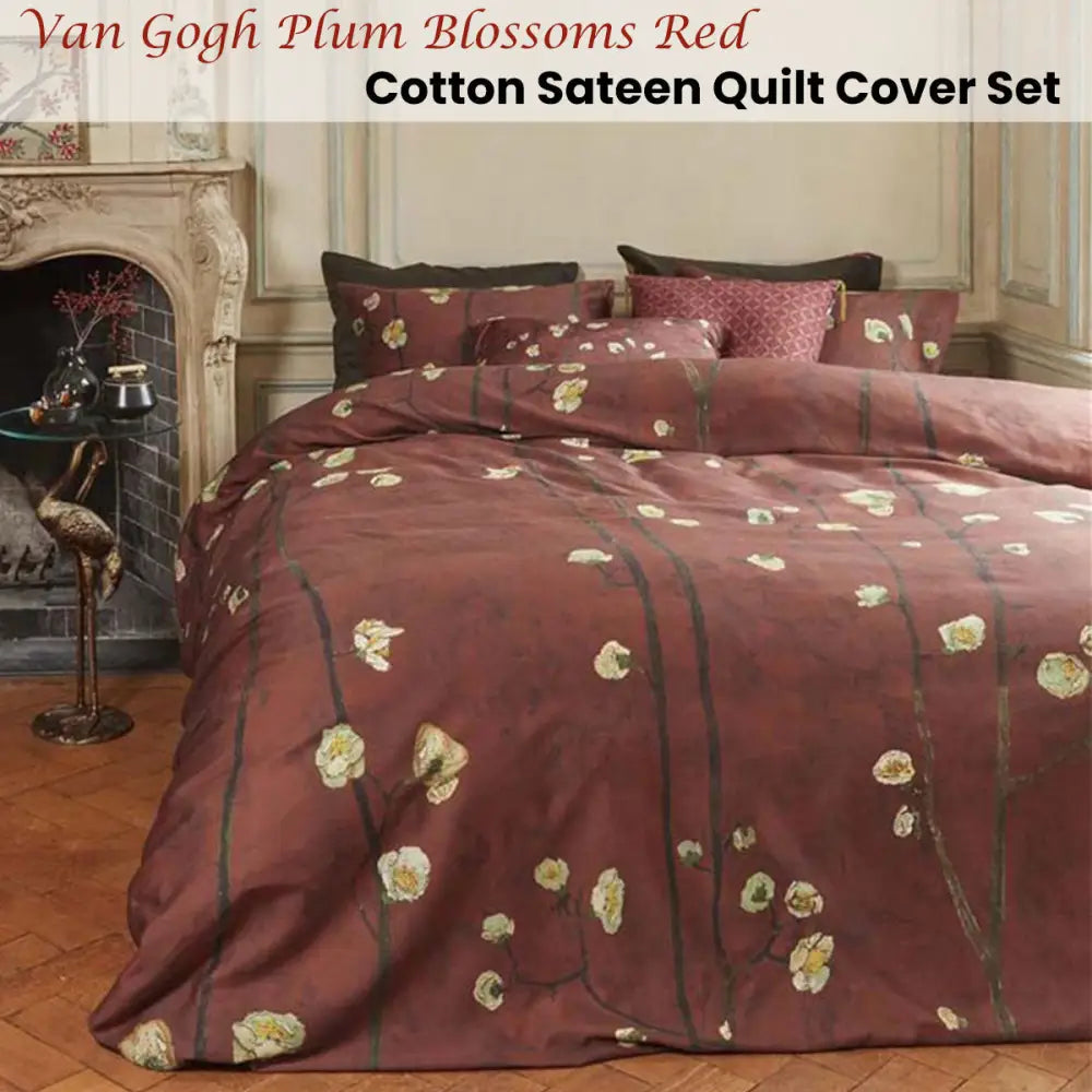 Bedding House Van Gogh Plum Blossoms Red Cotton Sateen Quilt Cover Set Queen - Home & Garden > Bedding