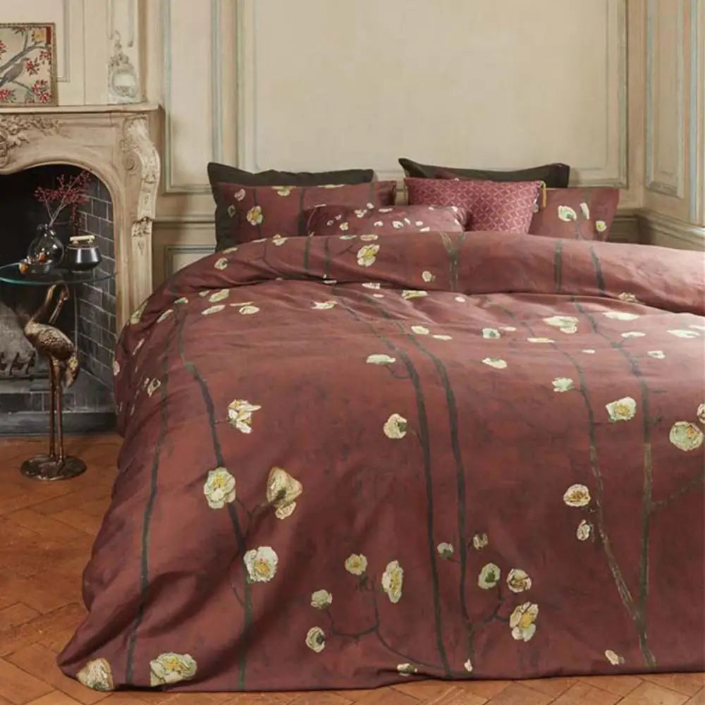 Bedding House Van Gogh Plum Blossoms Red Cotton Sateen Quilt Cover Set Queen - Home & Garden > Bedding
