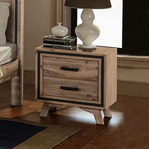 Bedside Table 2 drawer Night Stand with Solid Acacia Storage in Sliver Brush Colour - Furniture > Bedroom