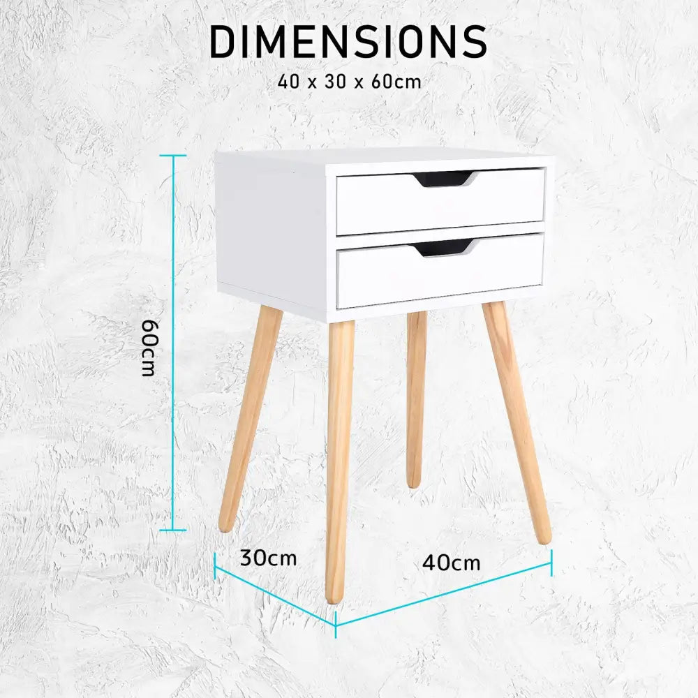 Bedside Table 2 Drawer Wood Leg Storage Cabinet Nightstand SUZY WHITE - Furniture > Bedroom