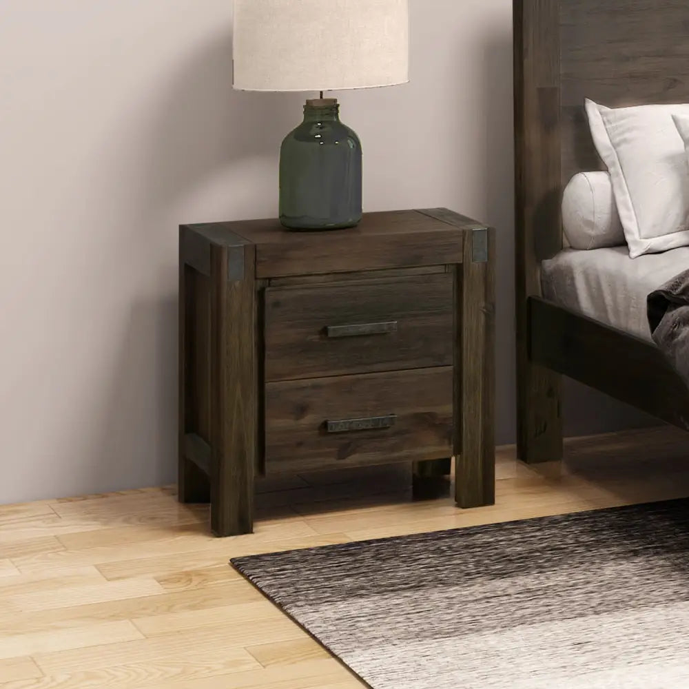 Bedside Table 2 drawers Night Stand Solid Wood Acacia Storage in Chocolate Colour - Furniture > Bedroom