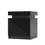 Bedside Table 2 Drawers RGB LED Bedroom Cabinet Nightstand Gloss AURORA BLACK - Furniture > Bedroom