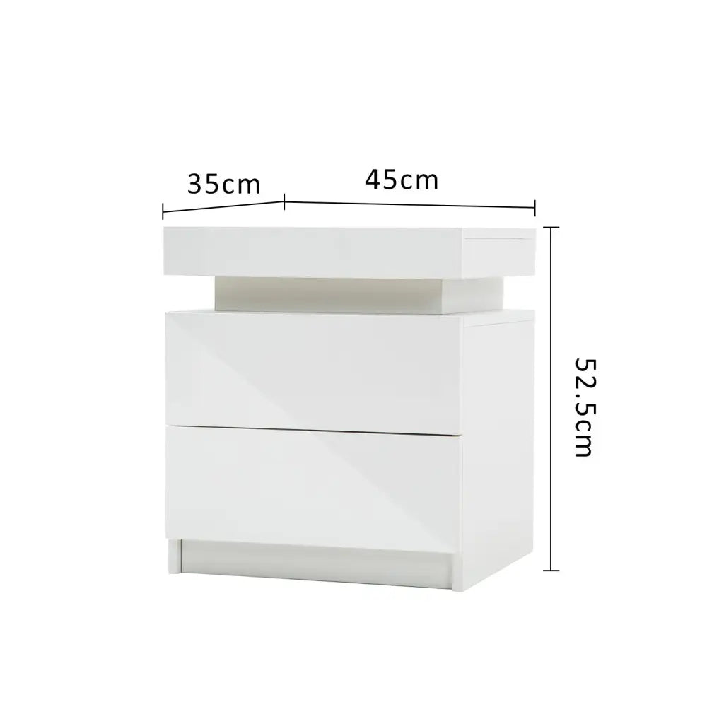 Bedside Table 2 Drawers RGB LED Bedroom Cabinet Nightstand Gloss AURORA WHITE - Furniture > Bedroom