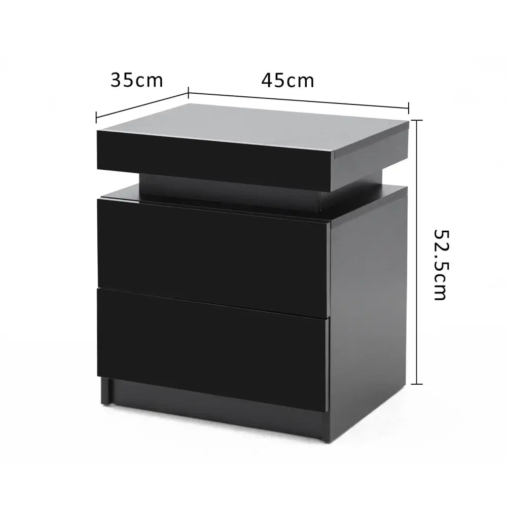 Bedside Table 2 Drawers RGB LED Bedroom Cabinet Nightstand Gloss AURORA BLACK - Furniture > Bedroom