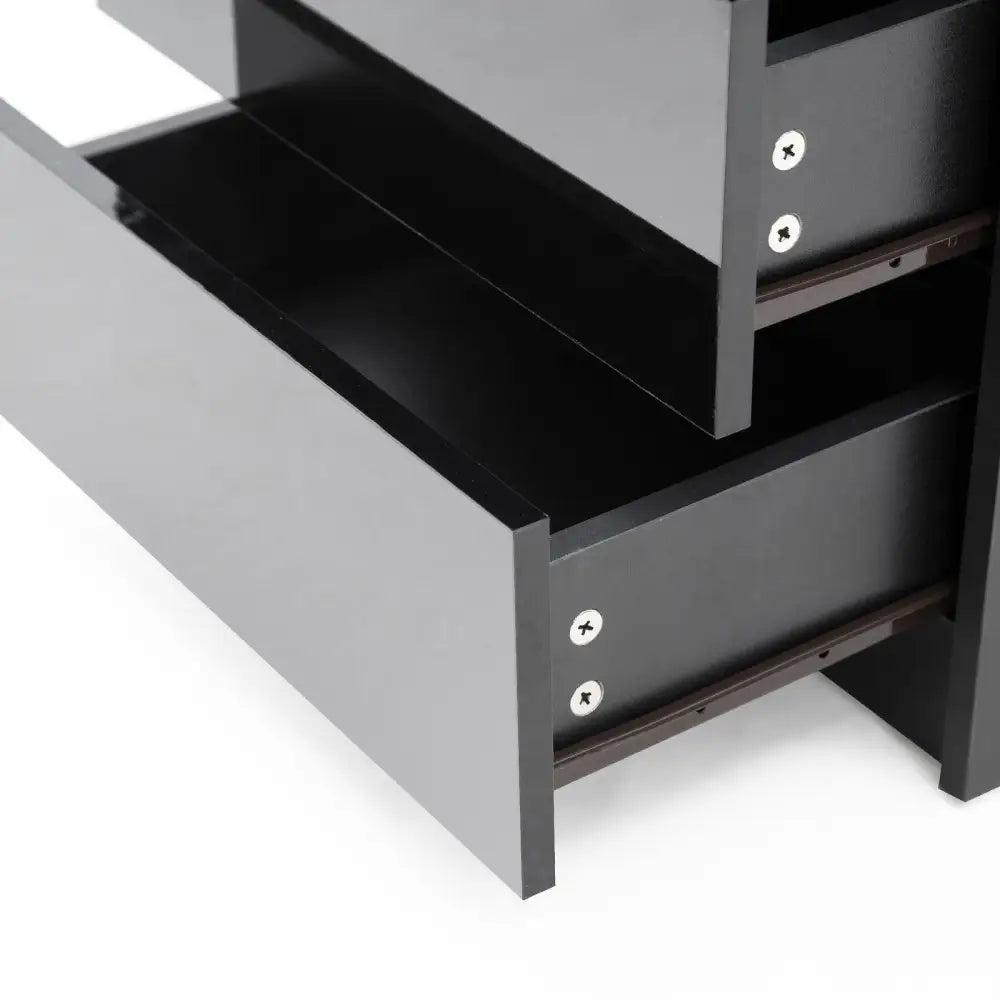 Bedside Table 2 Drawers RGB LED Bedroom Cabinet Nightstand Gloss AURORA BLACK - Furniture > Bedroom