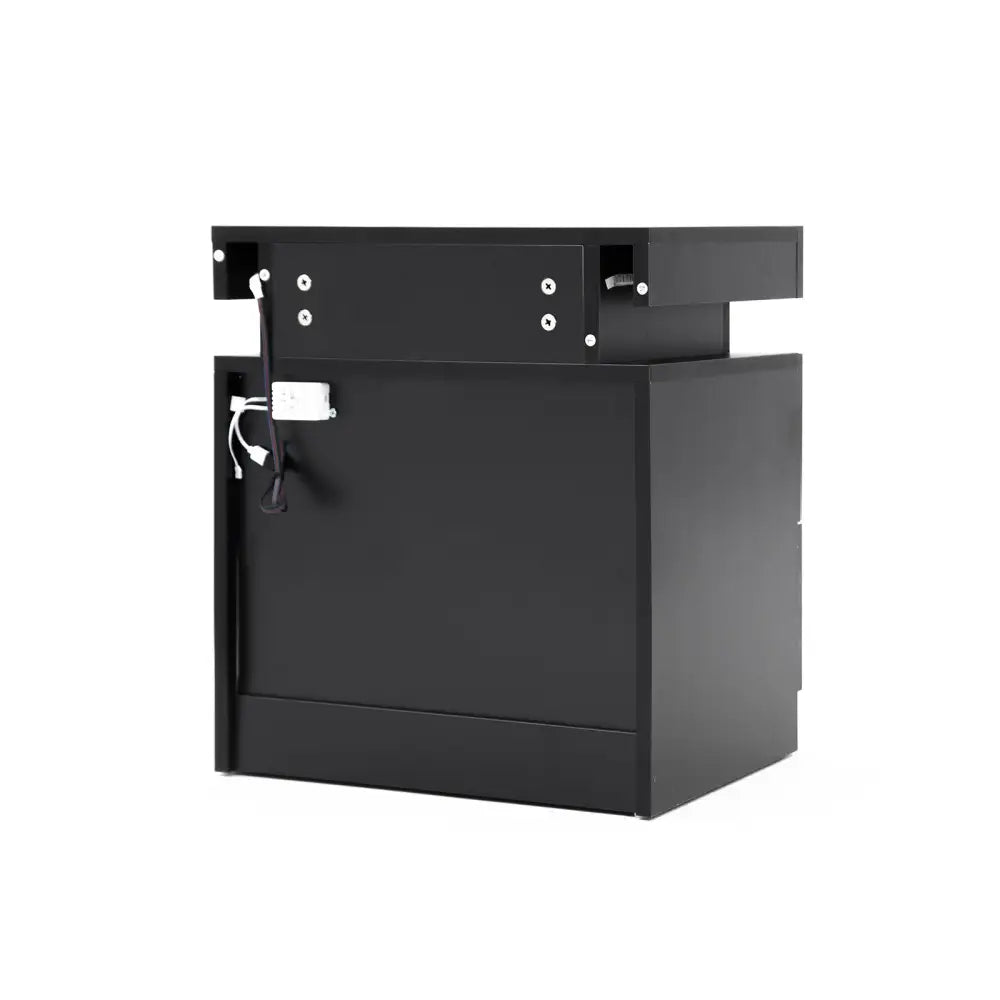 Bedside Table 2 Drawers RGB LED Bedroom Cabinet Nightstand Gloss AURORA BLACK - Furniture > Bedroom