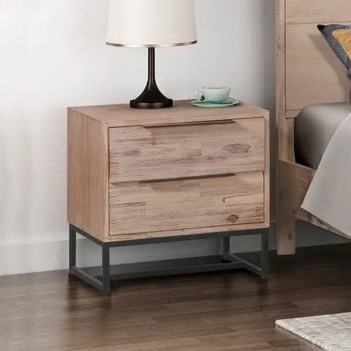 Bedside Table 2 drawers Side Table Solid Acacia Wood Veneered in Tea Colour - Furniture > Bedroom > Bedside Tables