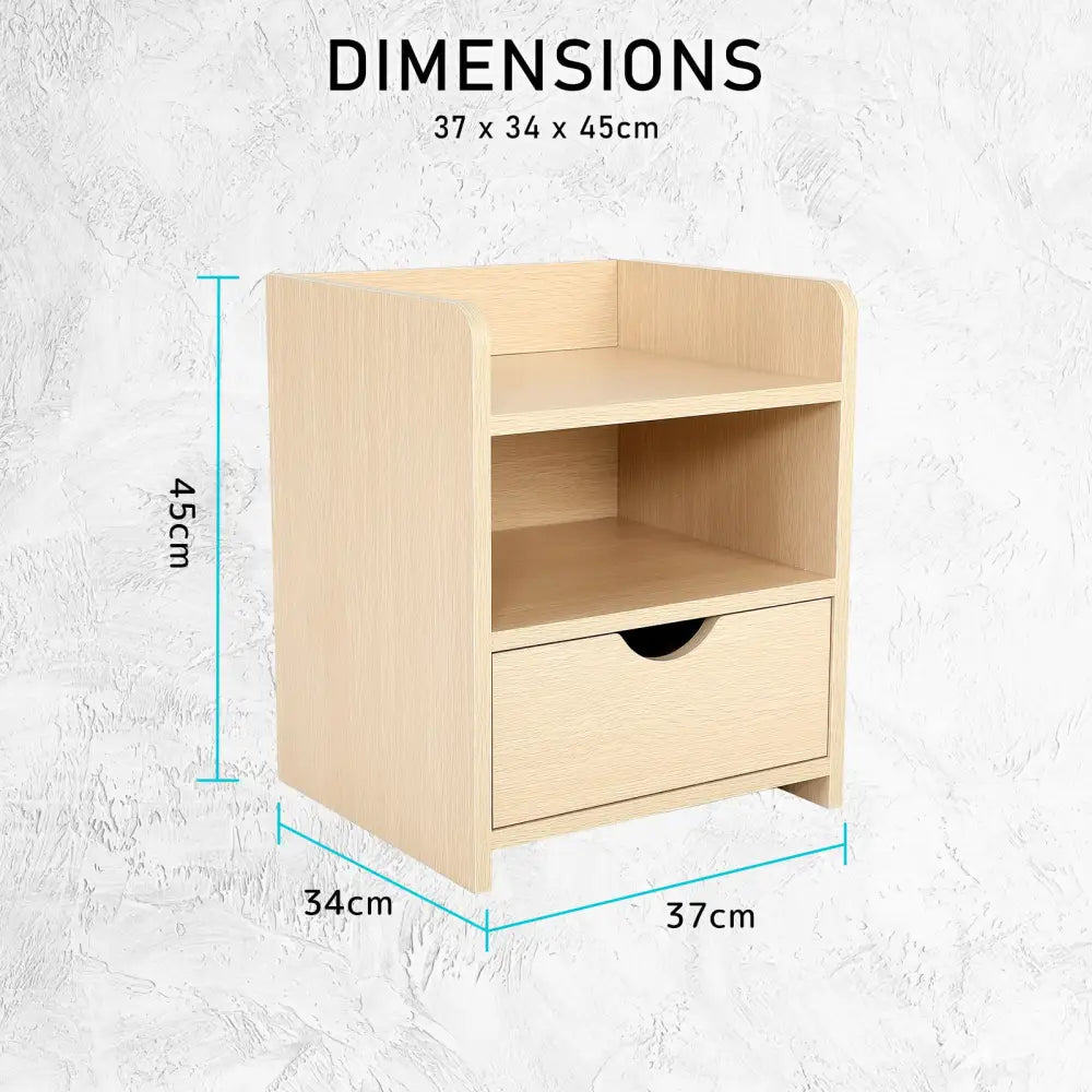Bedside Table Side Storage Cabinet Nightstand Bedroom 1 Drawer 2 Shelf LARK OAK - Furniture > Bedroom