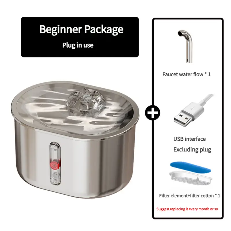 Beginner Package Stainless Steel Pet Water Fountain with Faucet Flow and USB Interface - Pet Care > Cat Supplies > Cat