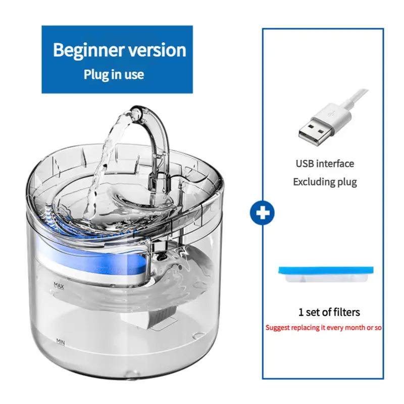 Beginner Version Pet Water Fountain with USB Interface (Excluding Plug) and Filter Set – Transparent Design - Pet