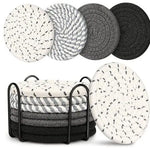 Beige and Black Absorbent Woven Cotton Coasters - Set of 8 with Metal Holder - Heat Resistant Drink Mats for Table