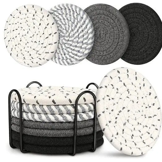 Beige and Black Absorbent Woven Cotton Coasters - Set of 8 with Metal Holder - Heat Resistant Drink Mats for Table